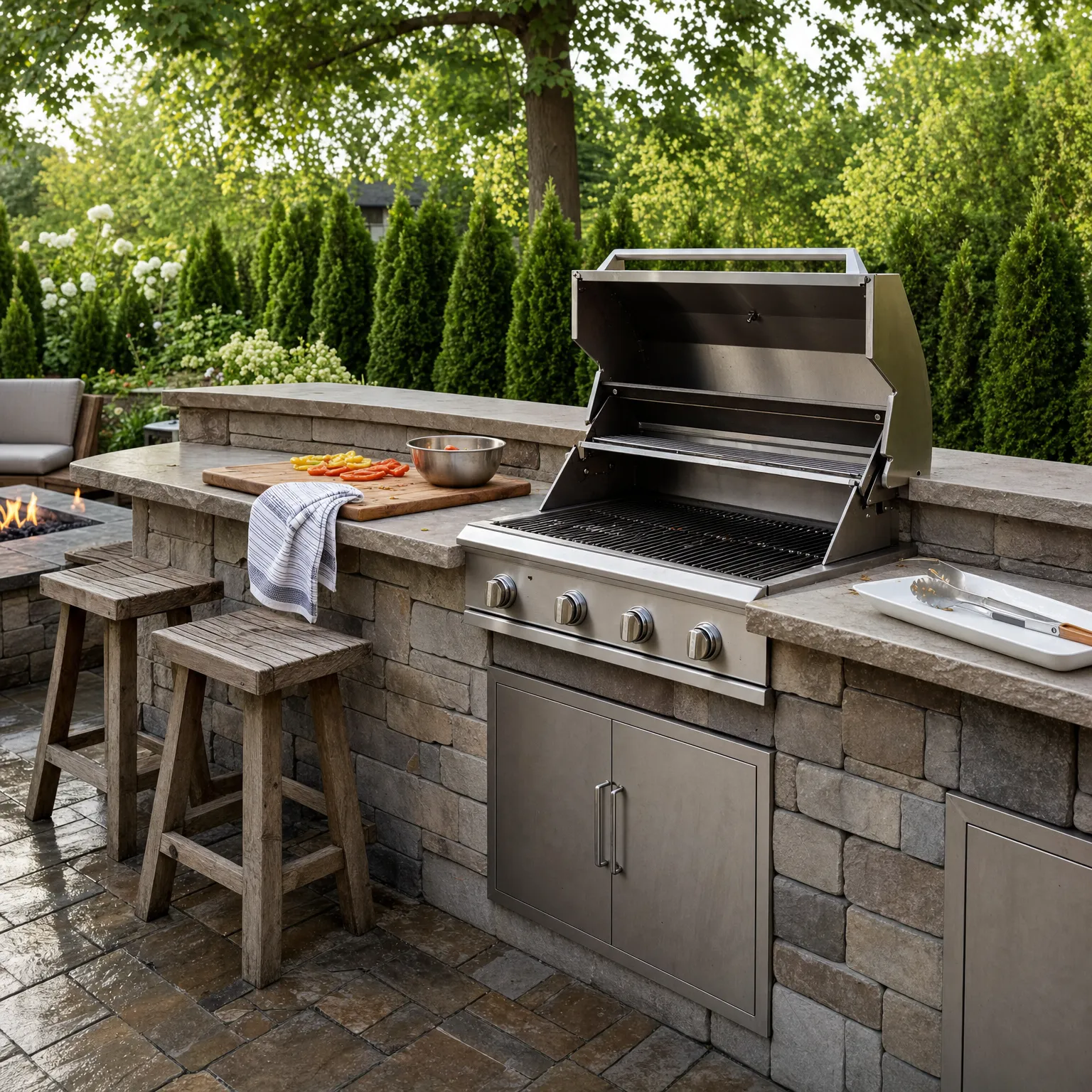 Outdoor kitchen layout with landing space on both sides of a built-in grill on a stone counter in an Ontario backyard